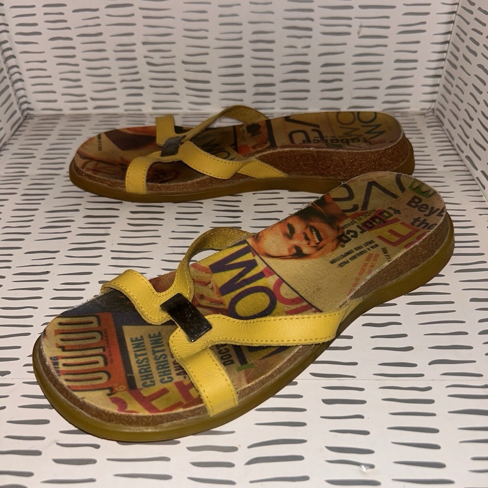 Tabarca Yellow Leather 6 Vintage Magazine Print Cork Slide Sandals Made in Spain